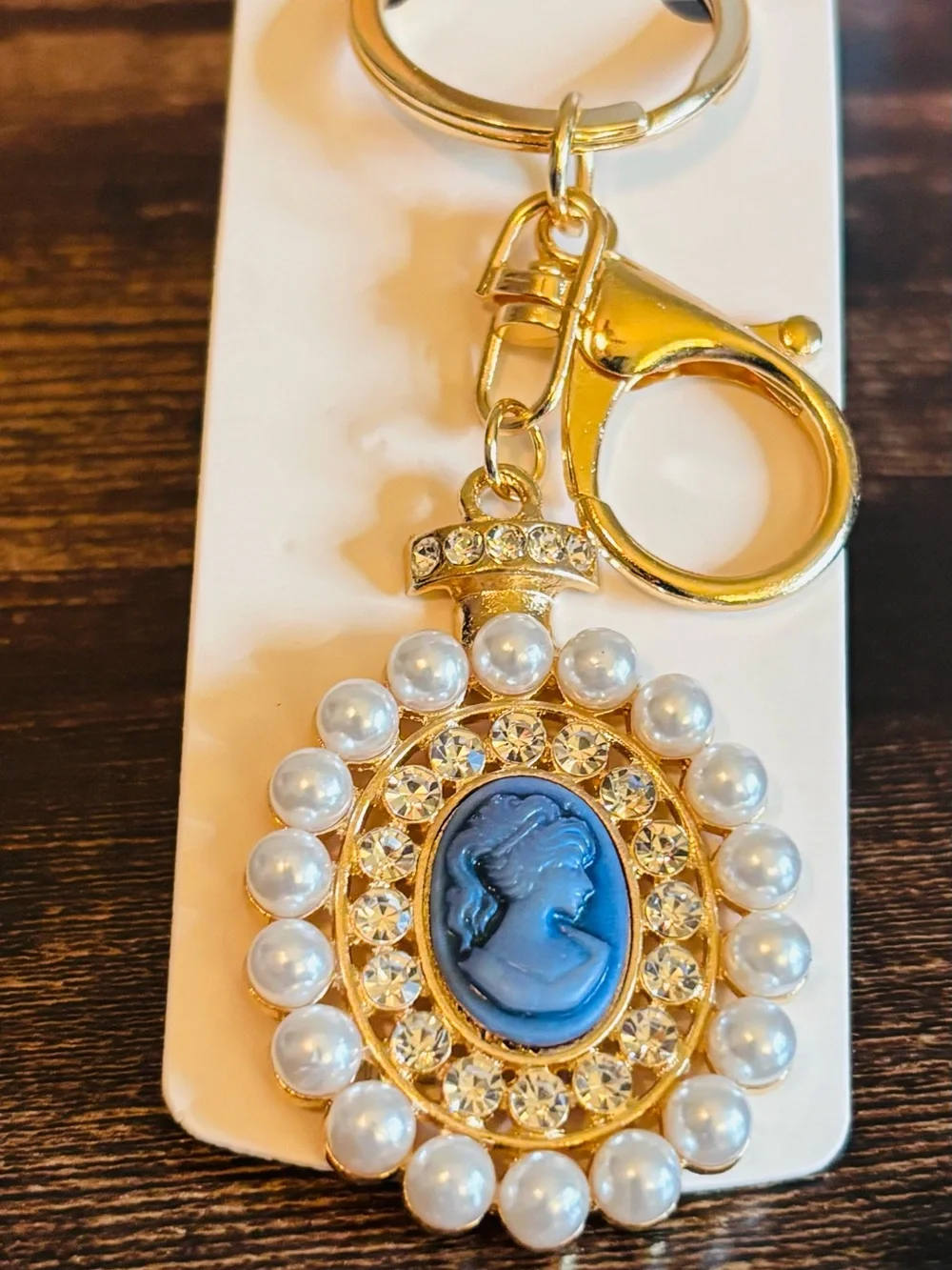Gold Tone Blue Cameo Keychain with Pearl Accents